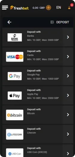 Freshbet app Pays method
